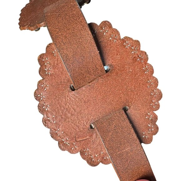 Vintage 80s Leather Concho Belt Brown Silver Hardware Heavy Western Large - Picture 4 of 10